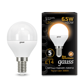 Лампа светодиодная LED 6,5Вт E14 220В 2700К шар | 105101107 | Gauss
