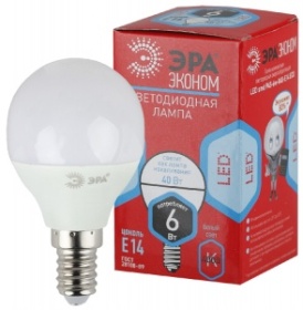 Лампа светодиодная (LED) ЭРА LED smd Р45-6w-840-E14 ECO шар (10/100/1800)